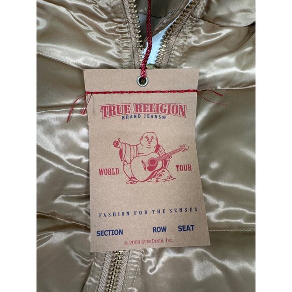 Quilted Gold Puff Jacket W/Hood Womens L True Religion Down & Feather Fill - Picture 8 of 16